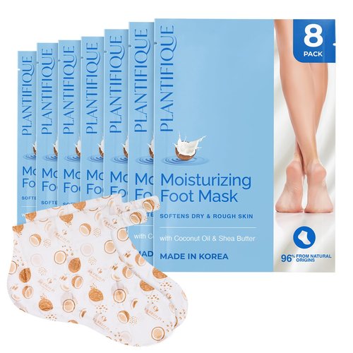 PLANTIFIQUE Korean Foot Mask with Shea Butter 8 Pairs box for Dry & Cracked Feet | Hydrating Socks for Soft Heels | Intense Moisturizing and Repairing Dry Rough Skin | Foot Spa | Happy Feet Mask