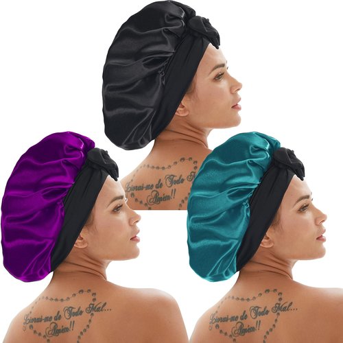 3 Pcs Silk Bonnet for Sleeping, Hair Bonnets with Tie Band Satin Bonnet for Women Night Sleep Caps Natural Curly Hair (Set_A)