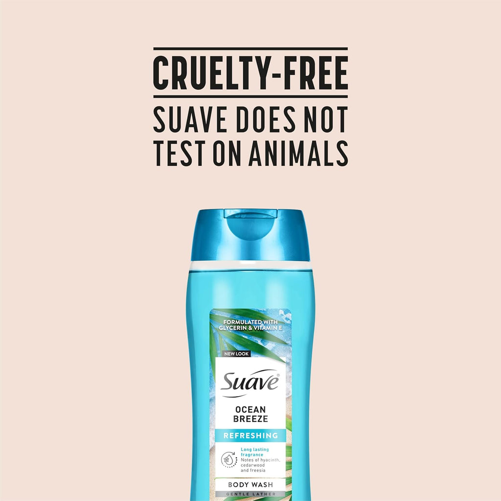 Suave Ocean Breeze Body Wash - Hydrating Glycerin & Vitamin E Formula for Soft Skin | 18 FL OZ, 6 Count