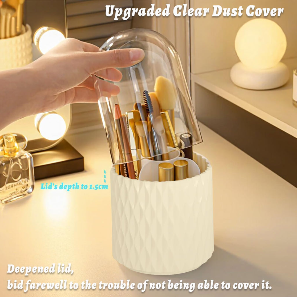 VNIMTI 360°Smooth Rotating Makeup Brush Holder with Dustproof Lid Spinning Vanity Organizer for Beauty Lipstick Perfume,Brushes Storage Container,Countertop,Dressing Table,Bathroom Desk (White)