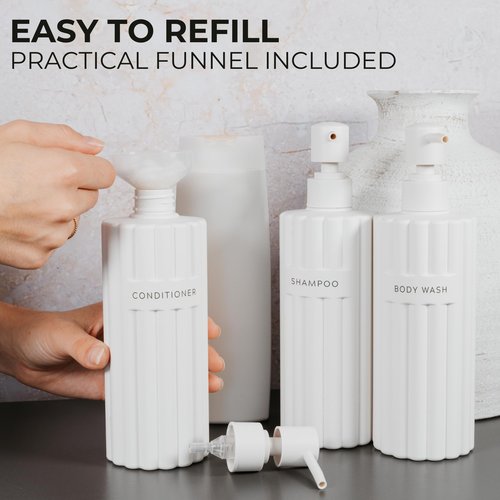 Stylish Shampoo and Conditioner Dispenser Set of 3 - Modern 19oz Shower Soap Bottles with Pump and Labels - Easy to Refill Body Wash Dispensers for an Instant Bathroom Decor Upgrade