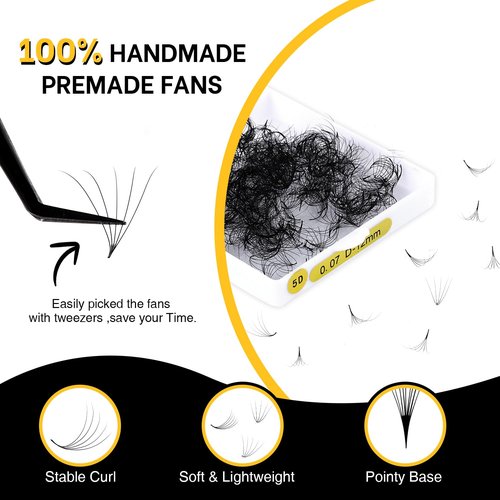 500 Premade Fans Lash Extension 10D 0.05 D Curl Promade Fans 12mm Premade Lash Fans for Eyelash Extension Middle Stem Handmade Loose Pre made Eyelash Fans Volume Soft Pointy Base (10D,0.05-D-12MM)
