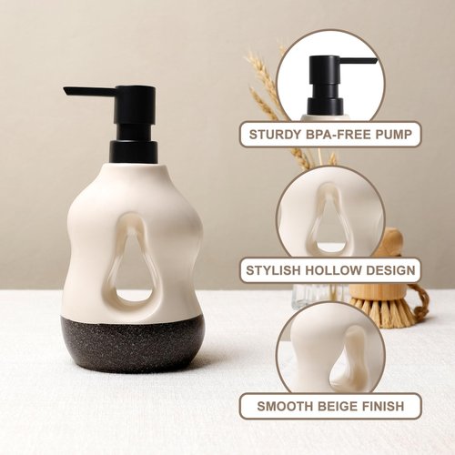 BosilunLife Ceramic Soap Dispenser - Soap Pump Dispenser Bathroom Kitchen Modern Farmhouse Elegant Refillable Soap Dispenser Lotion Hand Pump Dispenser for Kitchen Sink (Beige with Black Base, 15oz)