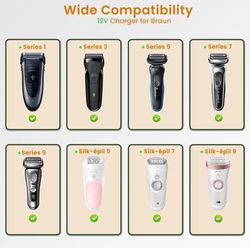 Braun Charger Cord - Compatible With Series 9 Pro, 8, 7, 6, 5, 3 Shavers - 12V 400mA