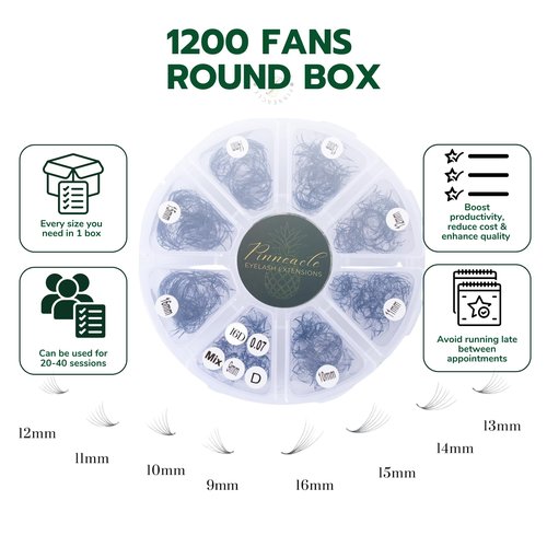 1200 Premade volume fans eyelash extension | 8 sizes-in-1 round mixed box | Includes lengths 9-16mm | C, CC, D, M, L curl| For professional lash artists | 6D Volume (L+ Curl 90°)
