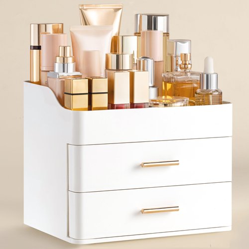HBlife Makeup Organizer for Vanity with 2 Drawers, Large Bathroom Countertop Cosmetics Organizer Skin Care Storage, Easy to Store Lipsticks, Nail Polishes, Perfumes, Eyeshadow Palettes, All White