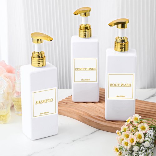 Gejoy 12 Pack White Shampoo and Conditioner Dispenser Bottles, 17 Oz/ 500ml Empty Refillable Pump Bottles with Labels and Marker Pen, Square Plastic Pump Dispenser Bottle for Bathroom Body Wash Shower