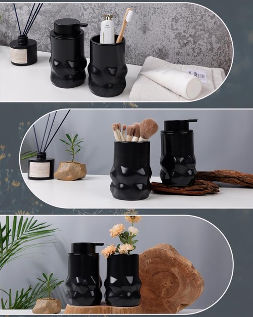 BosilunLife Hand Soap Dispenser - Foam Soap Dispenser Bathroom Ceramic Dish Liquid Soap Dispenser for Kitchen, Bathroom Countertop Soap Dispensers (Black-Foam-Sculpt)