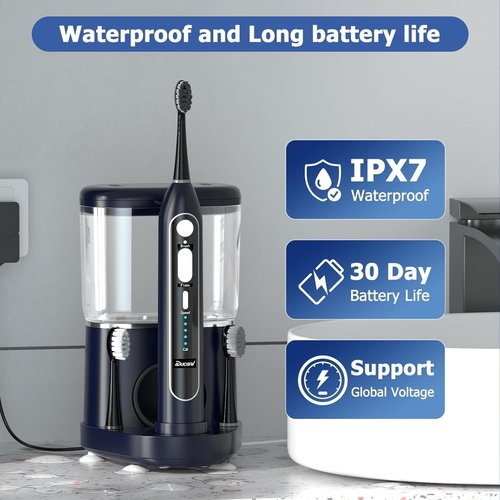 Electric Toothbrush with Water Flossers for Adults, Upgrade 2.0 Flossing Toothbrush Combo, 5 Floss Speeds&3 Brush Modes, 500mL Tank, 30-Day Battery, for Adults & Teens, Gums, Braces, Dental Care,Blue