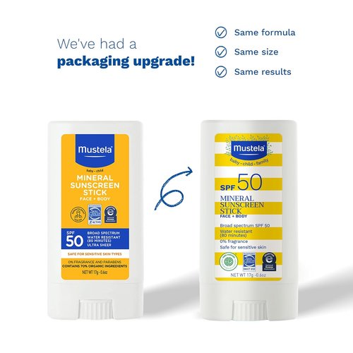 Mustela Baby Mineral Sunscreen Stick SPF 50 - Ultra Sheer, Water Resistant & Fragrance-Free - 0.6 oz.