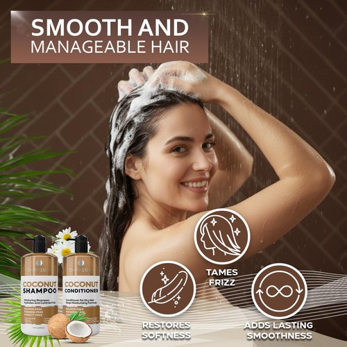 Skiennix Coconut Shampoo & Conditioner Set - Sulfate-Free, Deep Moisturizing Formula for Dry, Damaged Hair | 16 Fl Oz (Set of 2)