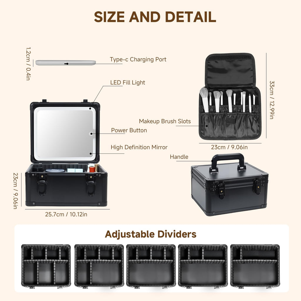 Yenovia Travel Makeup Case with Lighted LED Mirror – Waterproof Cosmetic Organizer with Adjustable Dividers, Portable Makeup Train Case for Women, Black