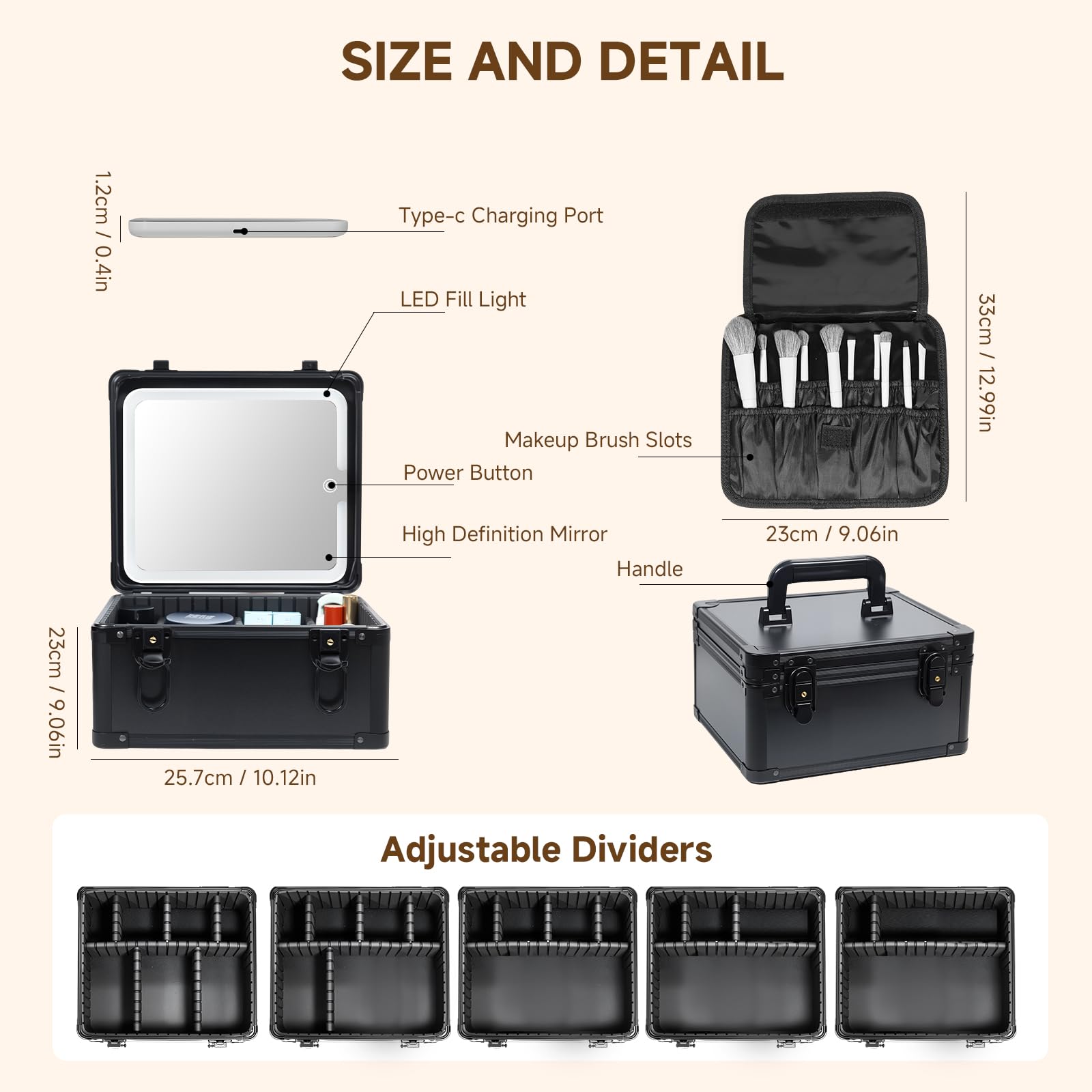 Yenovia Travel Makeup Case with Lighted LED Mirror – Waterproof Cosmetic Organizer with Adjustable Dividers, Portable Makeup Train Case for Women, Black