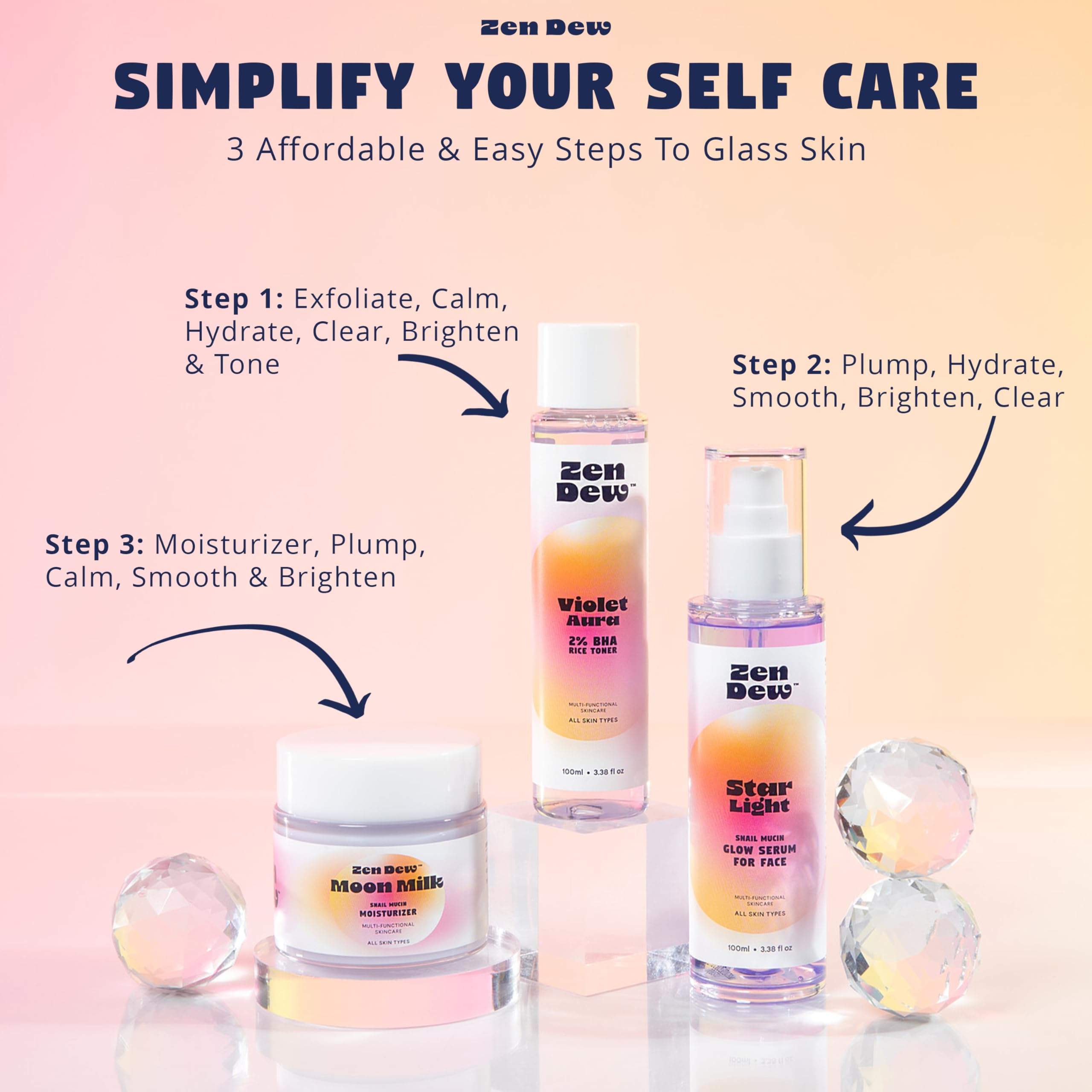 Zen Dew Violet Aura - 2% BHA Exfoliating Toner with Salicylic Acid for Sensitive Skin. Gentle, Hydrating Formula. 2% Niacinamide, Rice Extract & Azulene. Glass Skin, Smoother Texture & Barrier Support