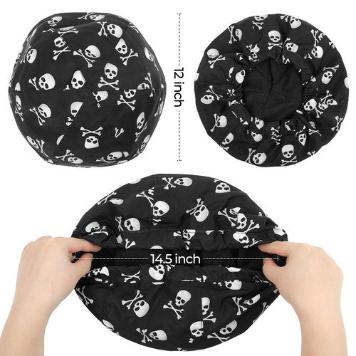 Shower Cap for Men Skulls Bath Cap, Reversible Large Waterproof Adjustable Shower Caps Terry Lining & Elastic Band Stretch Hem Hair Hat