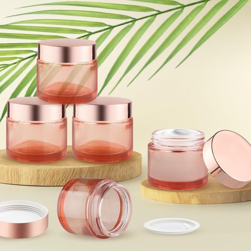 12 Pcs 60g/2oz Glass Cosmetic Jars Refillable Cream Bottle Containers Empty Sample Vials Jar with Rose Gold Lid for Eye Cream Lotion Ointments Lip Balm Scrub - Pink