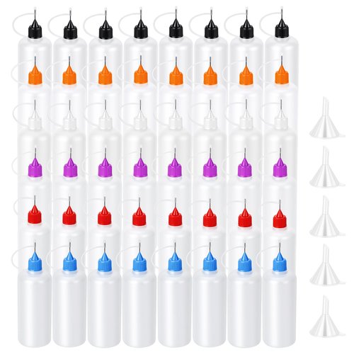 Goodma 48 Pcs Precision Tip Applicator Bottles with Multicoloured Tips, Comes with 5 Pcs Mini Funnel for DIY Quilling Craft, Acrylic Painting, Small Gluing Projects, Oiler Bottle (1 oz)