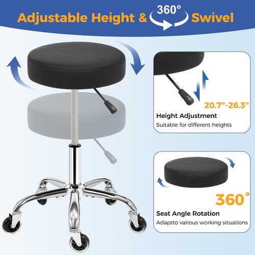 ANWBROAD Round Rolling Stool with Wheels Height Adjustment 360° Swivel Stool Heavy Duty Wide Chair PU Leather Soft Seat Cushion for Massage, Salon, Bar, Home, Office, Tatoo, Medical, Black UWSC001B