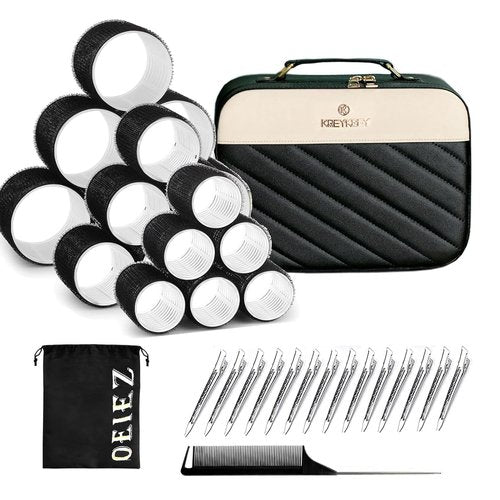 Skiennix Hair Roller Set - Velcro Self-Grip Curlers for DIY Styles | 18-Piece Jumbo & Medium Rollers with Case, Clips & Comb