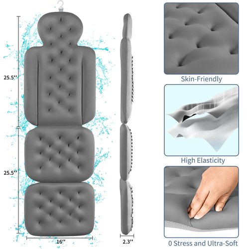 Bath Cushion, Full Body Bathtub Pillow with 160 Suction Cups, Bath Mat for Head and Neck Support, with Laundry Bag (Dark Gray, 51" x 16")