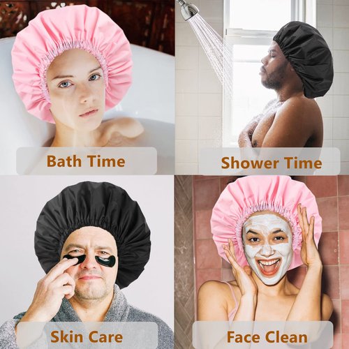Adjustable Shower Caps for Women Reusable Waterproof Satin Lining Extra Large Shower Cap for Women and Men Long Hair Braids Curly Hair (Xl,Black)