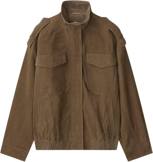 FindThy Women's Suede Leather Jacket - Vintage High Collar, Long Sleeve, Oversized with Pockets