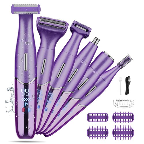 Electric Razor for Women,6 in 1 Women's Bikini Trimmer Shaver for Women & Men Pubic Hair, Private Area, Legs, Eyebrow,Face, Nose, Eyebrow, Body Hair Removal IPX5 Waterproof Wet & Dry
