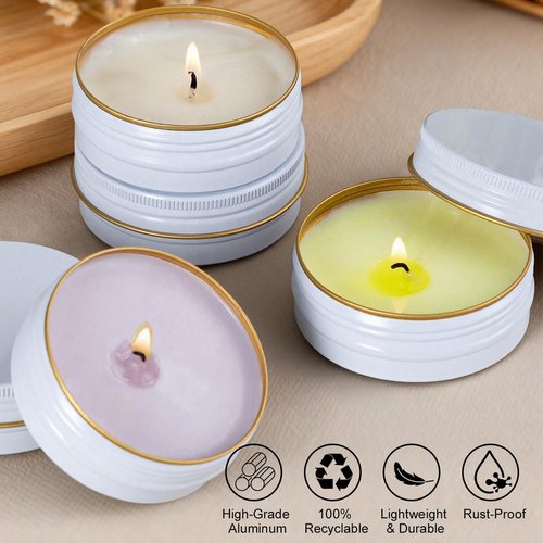 LIYAR Aluminum 2oz Tins with Lids (48 Pack), Empty Salve Tins Round Tin with Lids, Metal Containers for Salve, Homemade Balm, DIY Lotion Bars & Travel Storage - Recyclable, Durable (White and Gold)