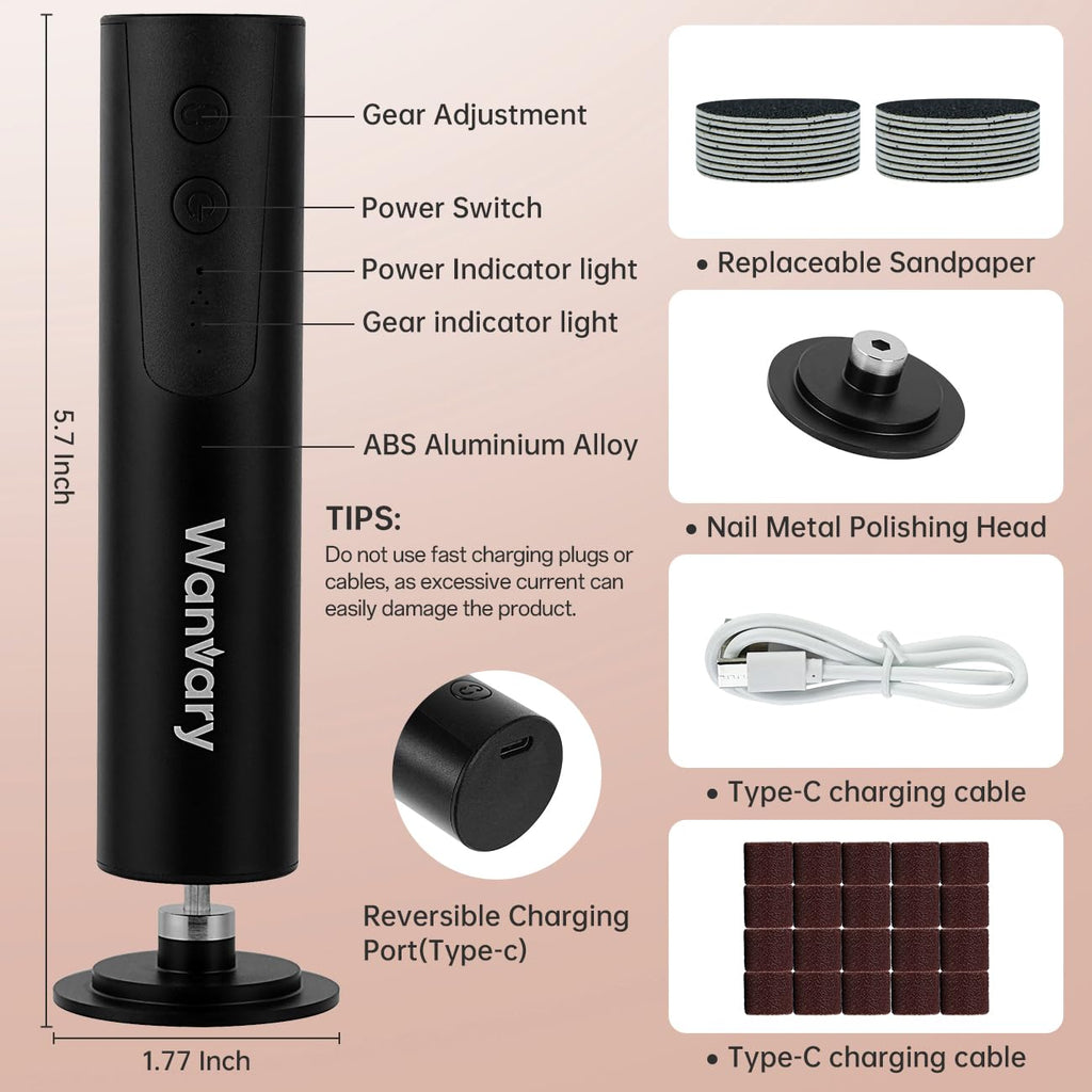 Wanvary 2 in 1 Electric Foot Callus Remover, USB Rechargeable Foot File Sander with 80/120 Grit Sandpaper Discs,High Quality Professional 1200RPM Aluminum Callus Remover for Nail Care
