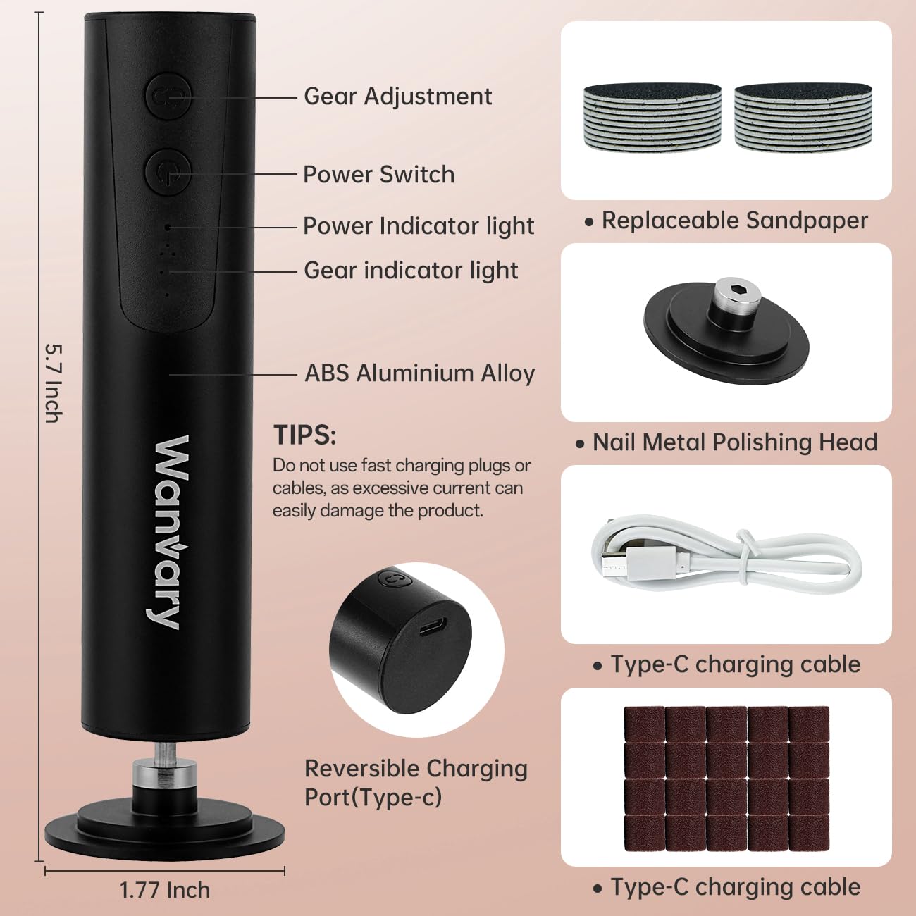 Wanvary 2 in 1 Electric Foot Callus Remover, USB Rechargeable Foot File Sander with 80/120 Grit Sandpaper Discs,High Quality Professional 1200RPM Aluminum Callus Remover for Nail Care