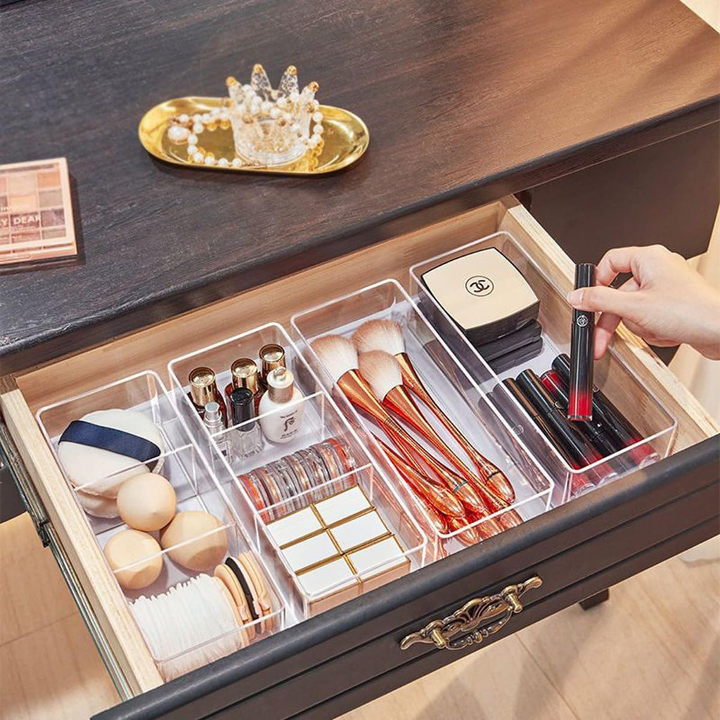 WECHENG Acrylic Makeup Organizer: Drawer Organizer for Bathroom - Stackable Cosmetic Display Cases for Vanity Countertop and Makeup Storage Containers (3-Compartment)