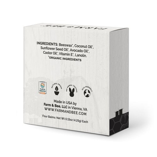 Natural Lip Balm - Organic & Natural Ingredients - Beeswax Based Moisturizing Lip Care Chapstick for Chapped Lips - Great Gift Idea - Farm & Bee - 0.15oz (Pack of 4 - Unscented)