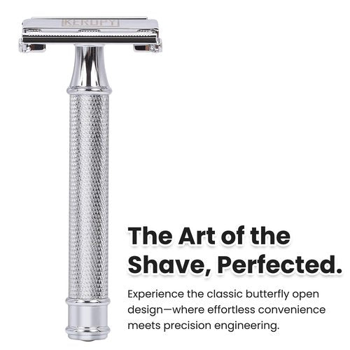 Safety Razor for Men, Premium Stainless Steel Butterfly Open Comb DE Razor, Weighted Heavy Handle with 10 Double Edge Blades, Mirror Polished Silver - Luxury Gift Set for Dad, Groom