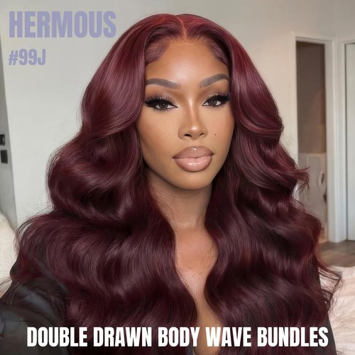 HERMOUS 13A Double Drawn 99J Dark Burgundy Human Hair Bundles Body Wave, Double Lifespan Than Regular Bundle Keep Silky & Soft After Washes Colored #99J Wine Single Bundles Raw Hair Quick Weave 12 IN