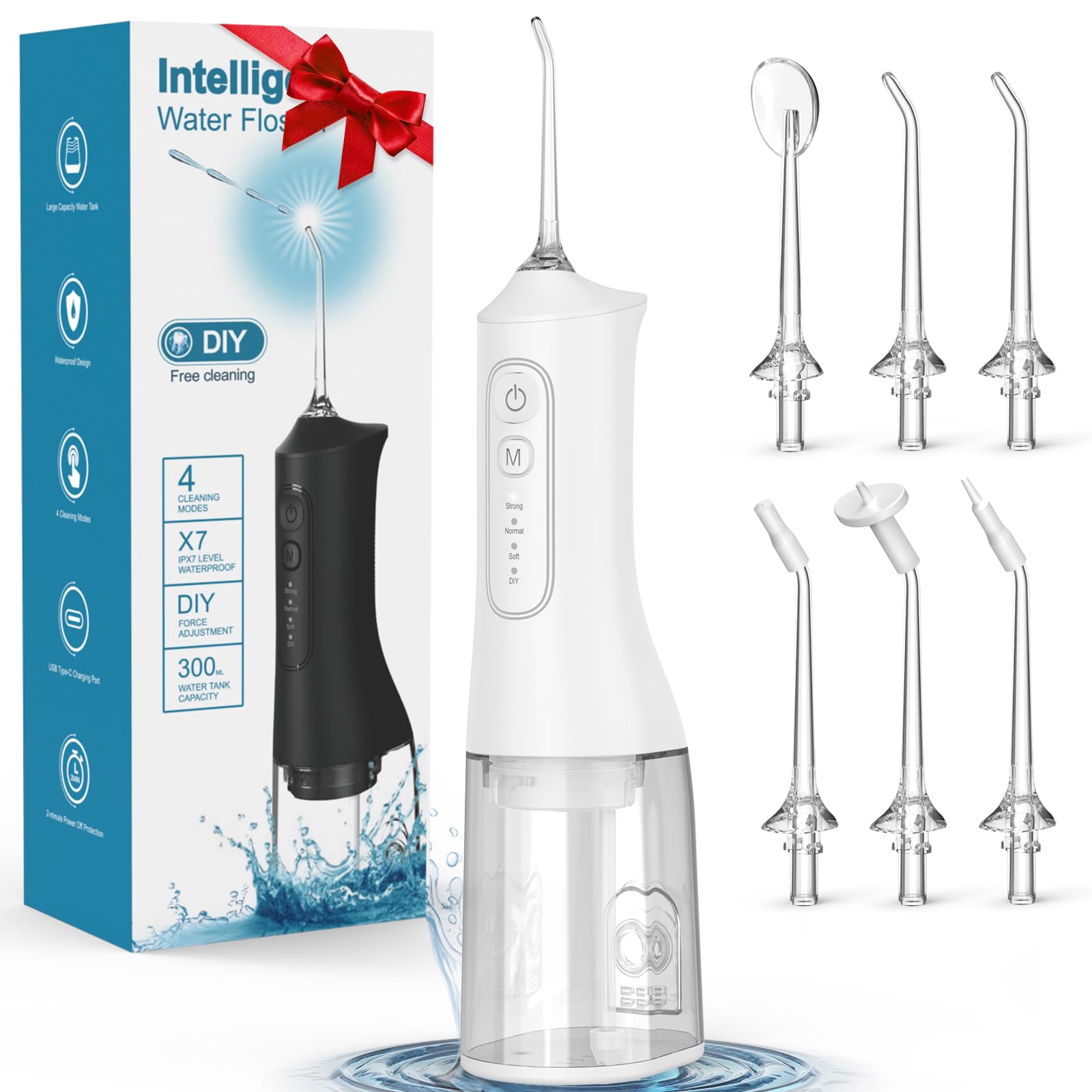 Water Flosser, Rechargeable 300ML IPX7 Waterproof Cordless Portable Oral Irrigator with 4 Modes & 6 Replaceable Jet Tips-Professional Flossing Cleaner for Daily Home Use,Travel,Gums,Braces Care(White)