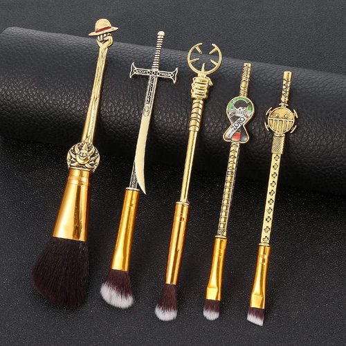 KF Ornament Set Of 5 One Piecess Anime Makeup Brushes - With Metal Handle, Velvet Gift Bag, Anime Peripheral, Birthday, Thanksgiving, Christmas, One Piece Fan Gift (Set)