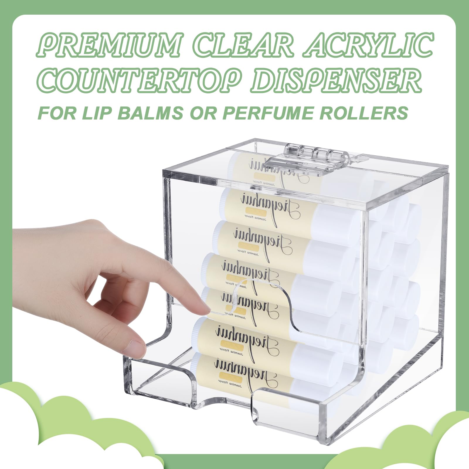 Wenqik 2 Pack Clear Acrylic Lip Balm Dispenser with Hinged Lid Home Freestanding Countertop Display for Lipsticks Glosses or Lip Balm Essential Oils (3.4 x 3.4 x 3.07 inch)