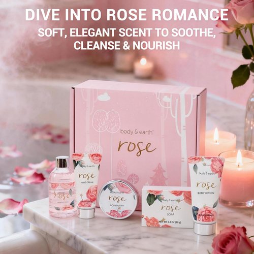 BODY & EARTH Spa Gift Set for Women - Luxurious 5 Pcs Bath and Body Spa Gift Box, Rose Scent, Includes Body Wash, Body Butter, Body Lotion and More, Birthday Valentines Galentines Day Gifts for Her