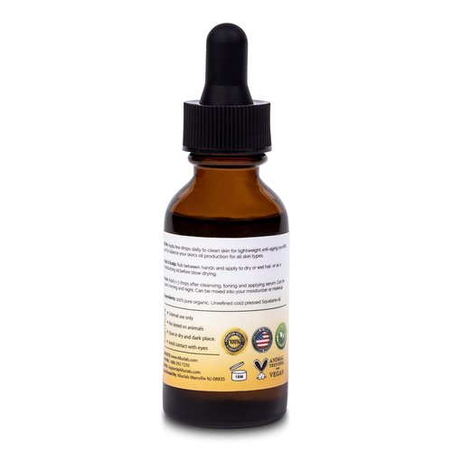 Allurials 100% Organic & All Natural Plant-Based Squalane Oil for Face, Hair, & Body, Cold Pressed and Unrefined Premium Grade Multipurpose Facial Oil for Moisturize, Smooth, and Soften Skin - 1 Oz