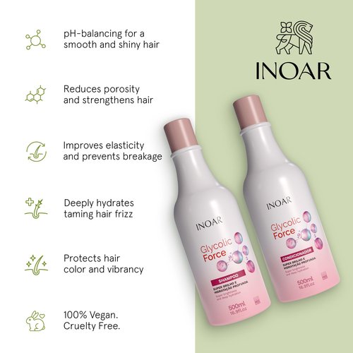 Inoar Glycolic Force Shampoo & Conditioner Bundle with Glycolic Acid for Deep Cleansing, Intense Hydration & Renewed Shine, 2 x 16.9 fl.oz
