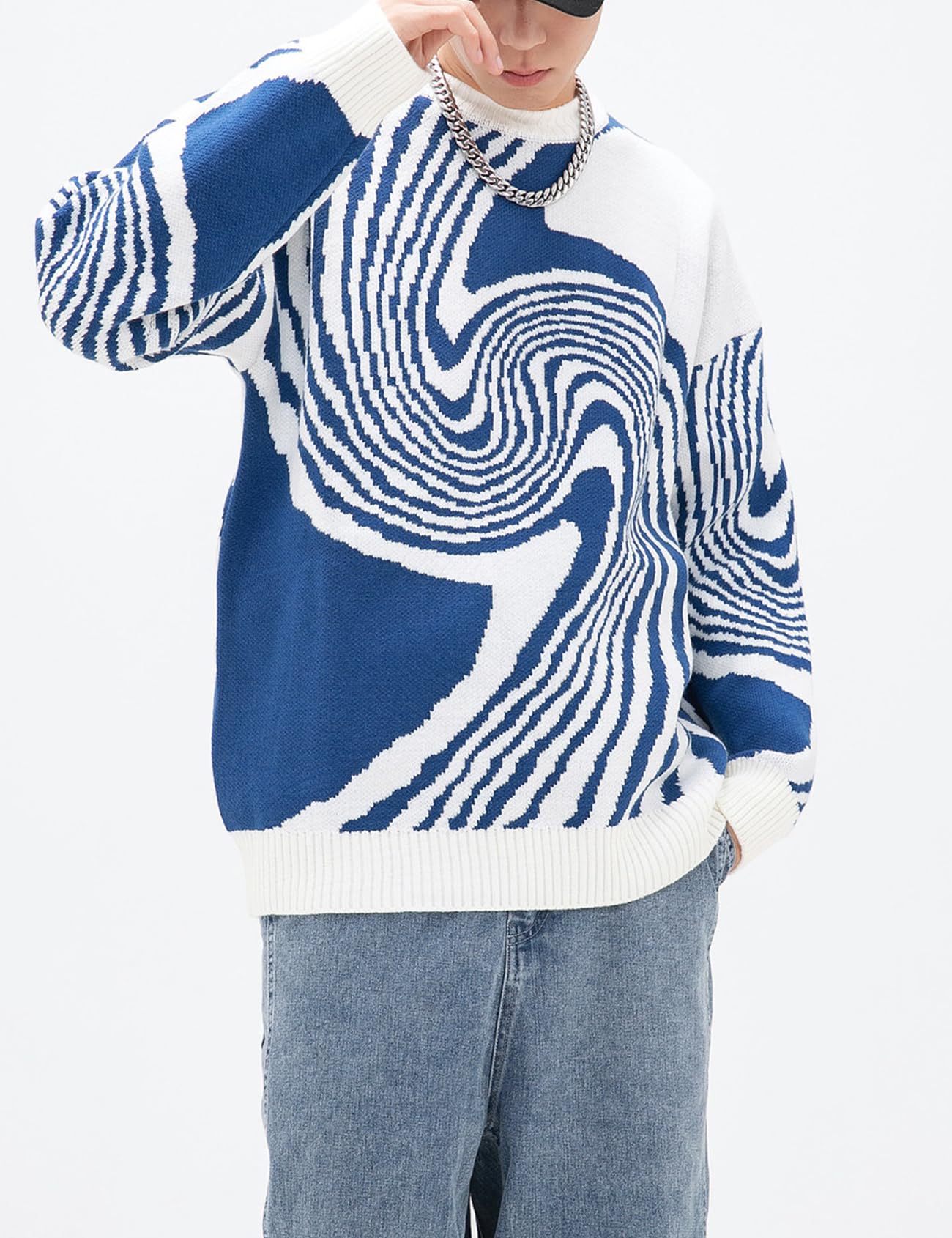 Yimoon Mens Oversized Graphic Sweaters Crewneck Y2K Unisex Vintage Aesthetic Knitted Long Sleeve Jumper Tops(Blue-L)
