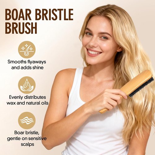 Boar Bristle Hair Brush - Smooth Flyaways & Frizz Control for Sleek Ponytails | Styling Comb for All Hair Types