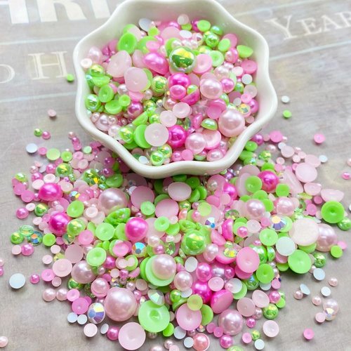 100g Mix Resin Rhinestones Flatback Half Round Pearls Mixed Size 3mm-10mm AB Color Half Pearls Resin Rhinestones for DIY Craft Nail Art Shoes Clothes Phone Case (Pink/Green Series)