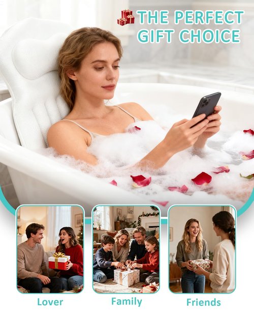 Full Body Bath Pillow for Bathtub, 5D Thick Tub Pillow for Bathtub with 192 Non-Slip Suction Cups, Laundry Bag & Hook, Bathtub Pillow for Head, Neck & Back Support (White, 51"*15")