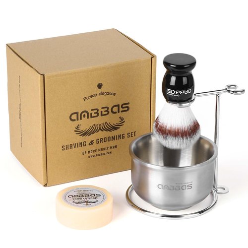 Anbbas Synthetic Badger Shaving Brush,Stainless Steel Shaving Razor and Brush Stand and Lathering Foam Bowl,3.5 oz Natural Shaving Soap Puck Refill for Men