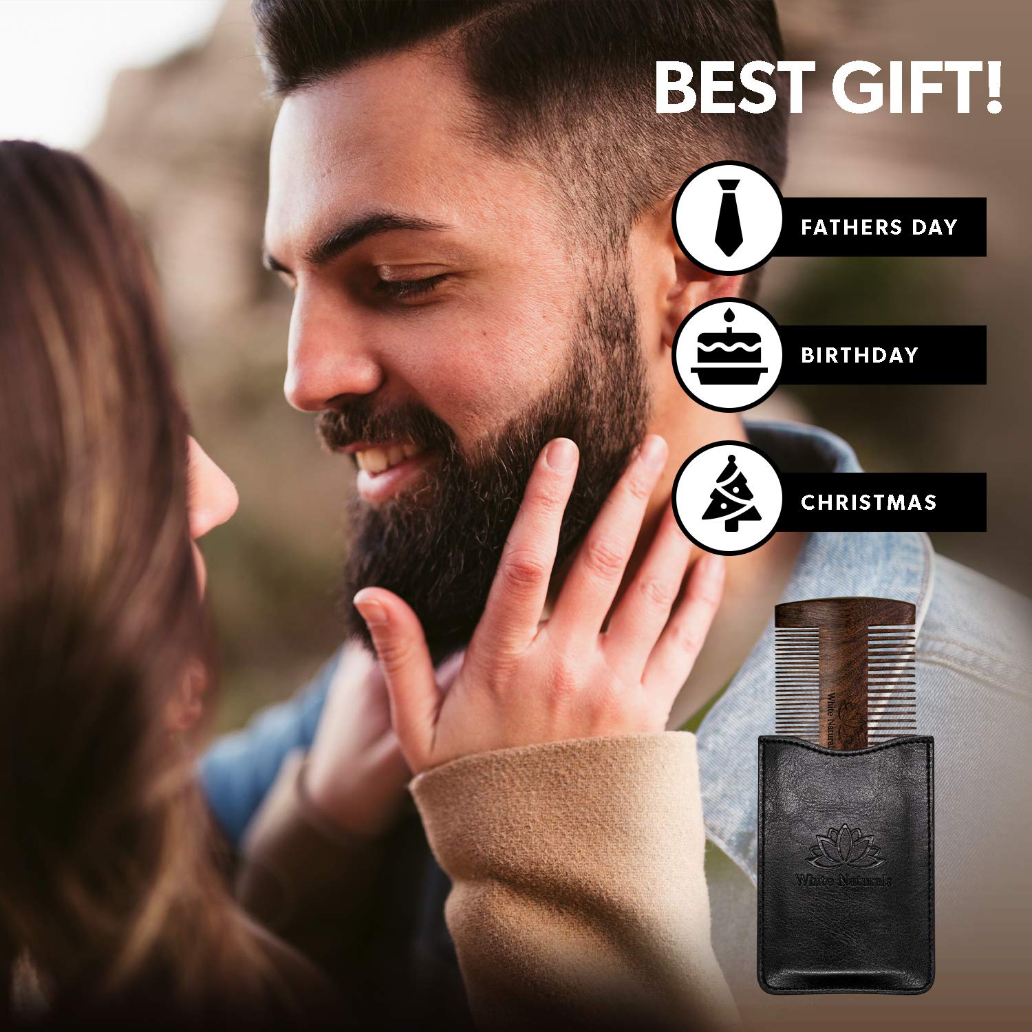 White Naturals Beard Comb for Men, Wooden Natural Sandalwood, Fine Dual Action Teeth, Handmade Premium Sandal Wood, Perfect for Balms and Oils, Includes PU Leather Case, Pocket Size