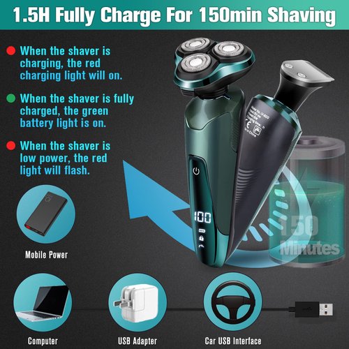 Electric Razor for Men, 3-in-1 Shaver with Floating Blades for Nose Hair &Sideburns,Replacement Blades, Pop-up Trimmer, IPX7 Waterproof, Travel Lock, Wet & Dry Use, Face Shaving Grooming Travel Kit