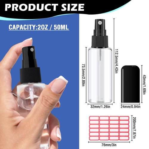DupakSYS 20 Pack 2oz/55ml Plastic Spray Bottles Mini Travel Spray Bottle with Black Cap Empty Fine Mist Spray Bottles Refillable Liquid Container for Perfumes Travel Makeup