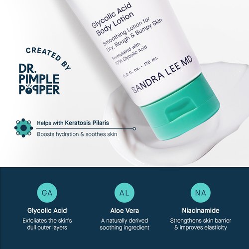 SLMD by Dr. Pimple Popper | Glycolic Acid Body Lotion | Exfoliating Glycolic Acid Lotion Body for Rough, Bumpy Skin and Skin Prone to KP, Ingrown Hairs, Shaving Bumps | 10% AHA - 6 fl. oz.