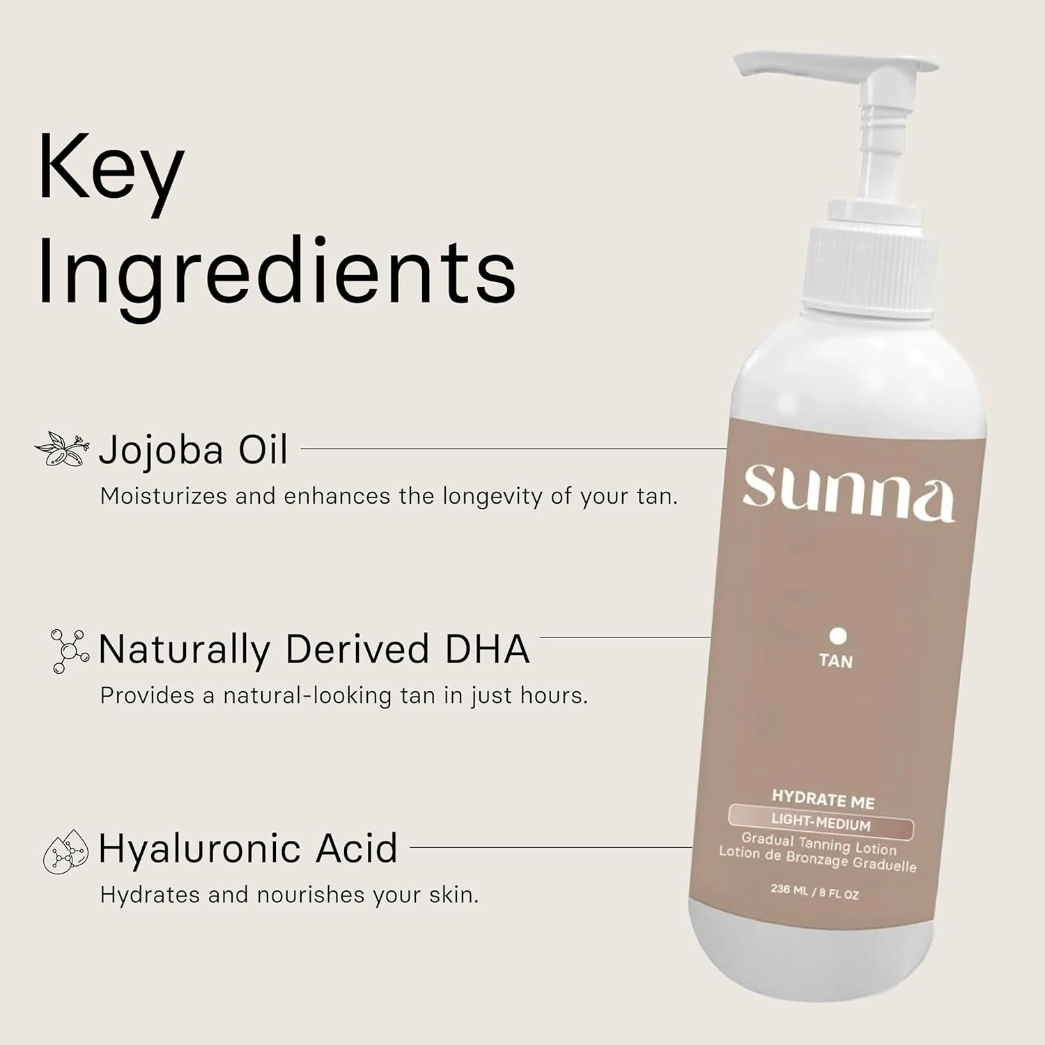 SunnaTan Gradual Self Tanning Lotion - Hydrating Formula with Hyaluronic Acid & Jojoba - Natural Ingredients for a Beautiful Tan (Medium/Dark, 236 ml)